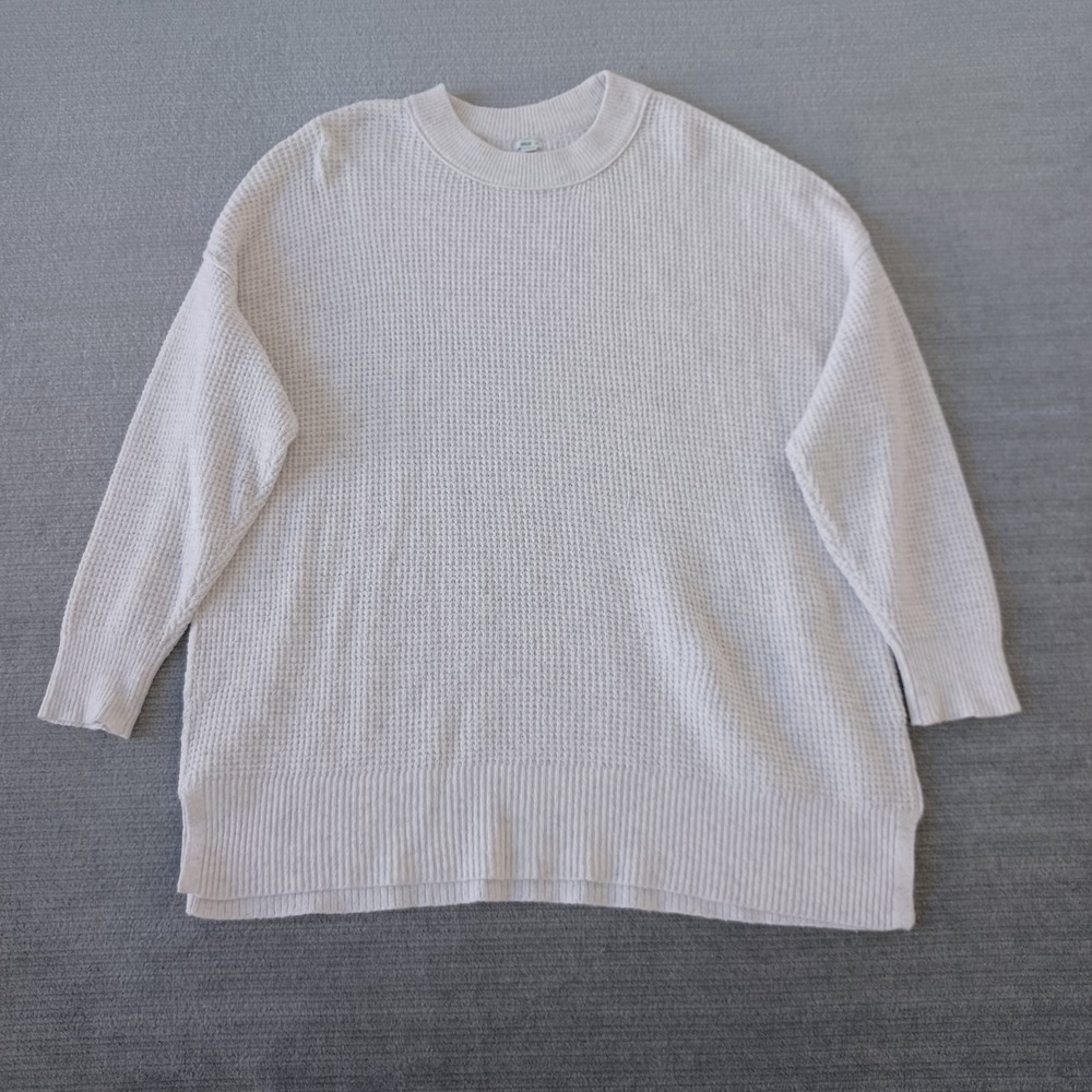 Aerie Waffle Knit Sweatshirt Women S Ivory Cream Raw Exposed Seam Crew Pullover‎